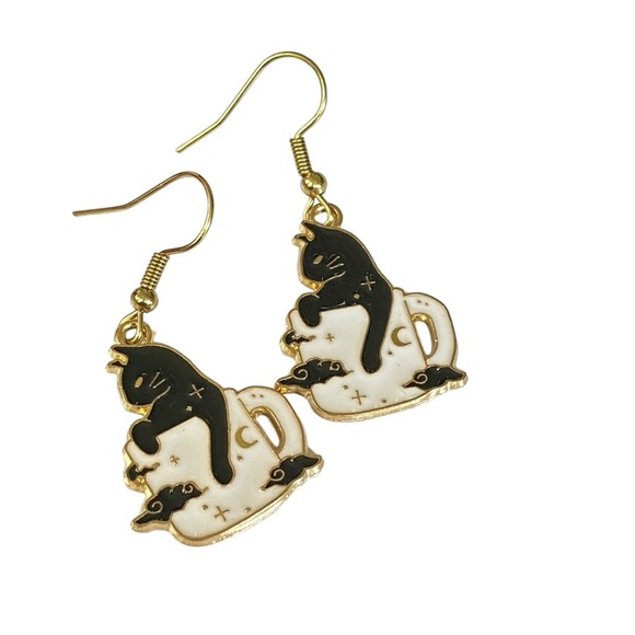 Cat Lady Dangle Pierced Earrings Kitty In Coffee Mug Silver Tone - Picture 3 of 6